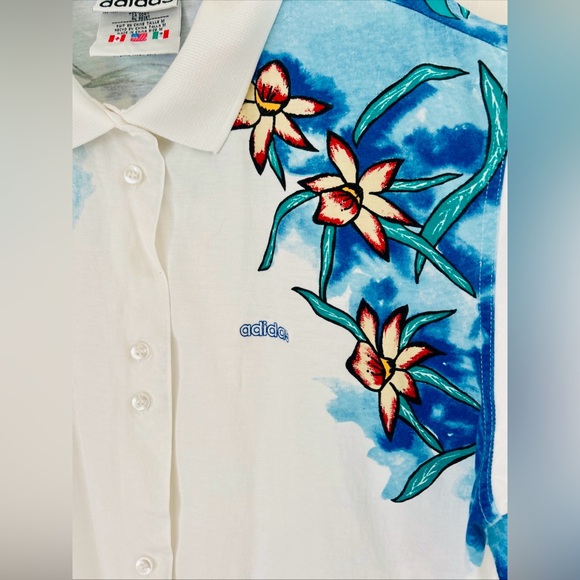 Vintage 80’s Adidas Women’s Sz M Tropical Floral S/S Button Up Polo Shirt EUC - Picture 4 of 8